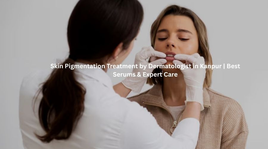 Dermatologist examining a woman’s face for skin and lip pigmentation treatment in clinic