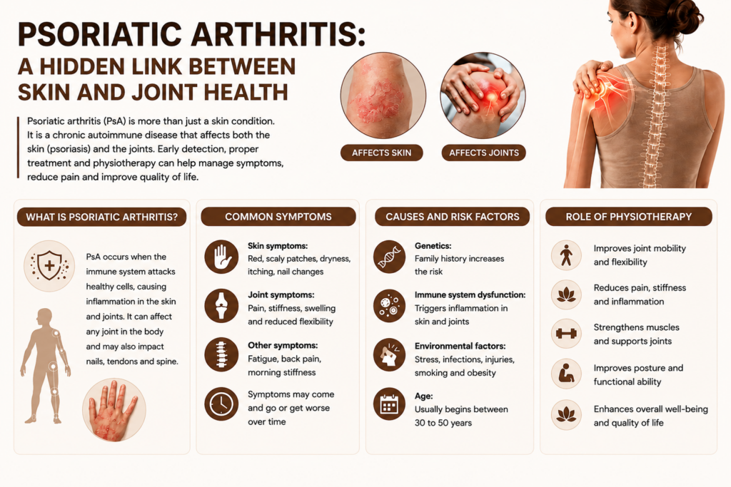 Infographic explaining psoriatic arthritis symptoms, skin and joint health connection, and the role of physiotherapy in pain management