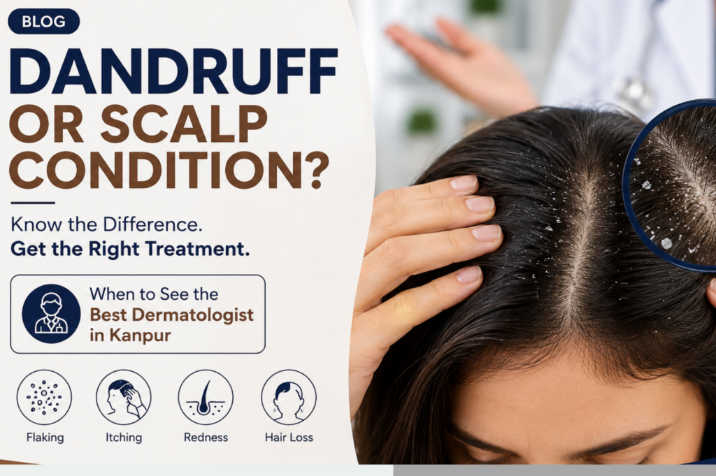 Dandruff or scalp condition symptoms including flaking, itching, redness, and hair loss